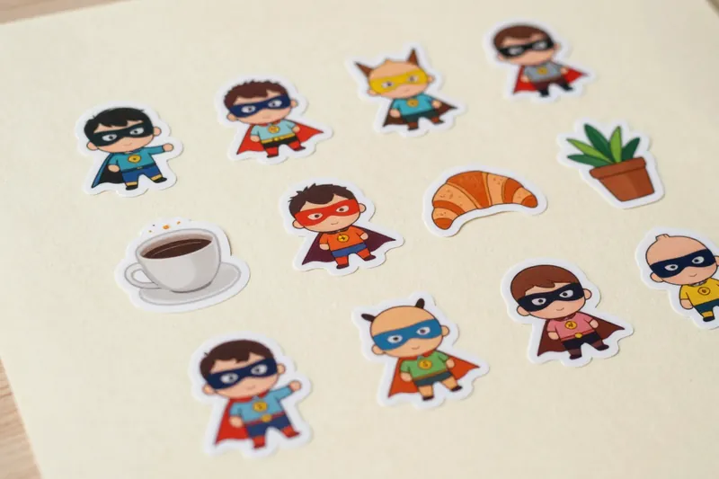 Stiker die cut bergambar superhero kecil yang lucu, cangkir kopi, croissant, dan tanaman pot, masing-masing dipotong mengikuti bentuknya