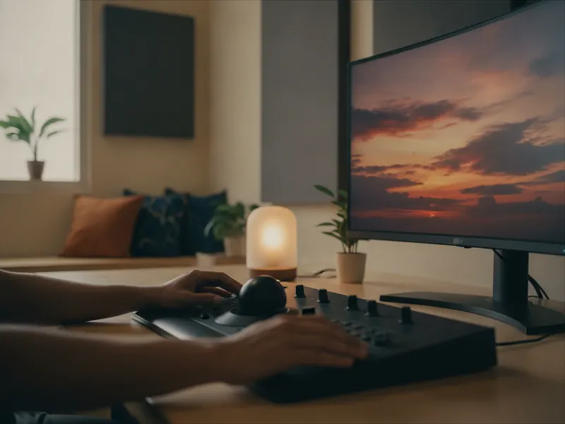 Panel color grading di depan monitor lebar yang menampilkan adegan senja