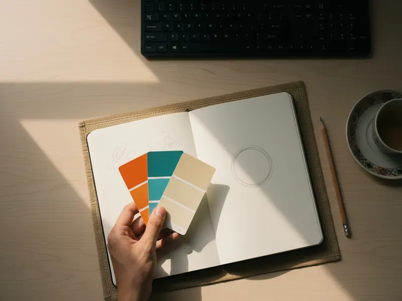 Kartu swatch warna brand oranye, toska, dan krem di atas buku sketsa logo