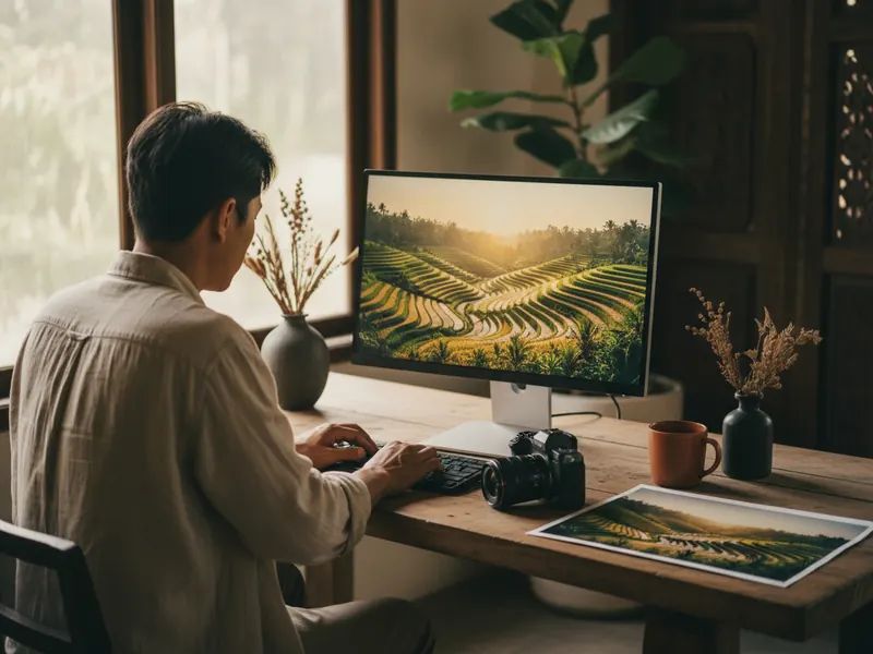 Fotografer mengedit foto lanskap sawah di monitor, cetakan foto yang sama di meja