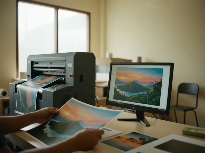 Hasil cetak poster lanskap dibandingkan dengan gambar yang sama di monitor