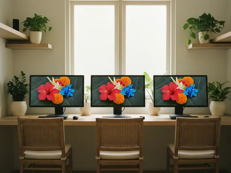 Tiga monitor di studio menampilkan foto bunga dengan warna yang sama